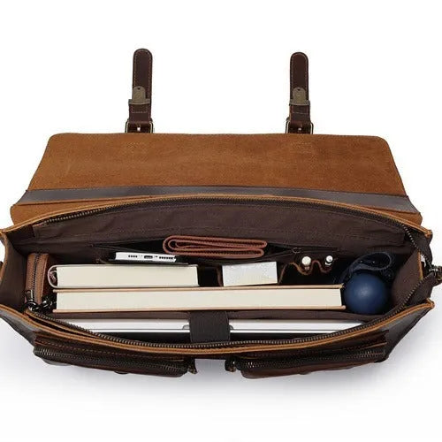 Cowhide leather crossbody computer bag in black coffee colour with anti-theft features and business design