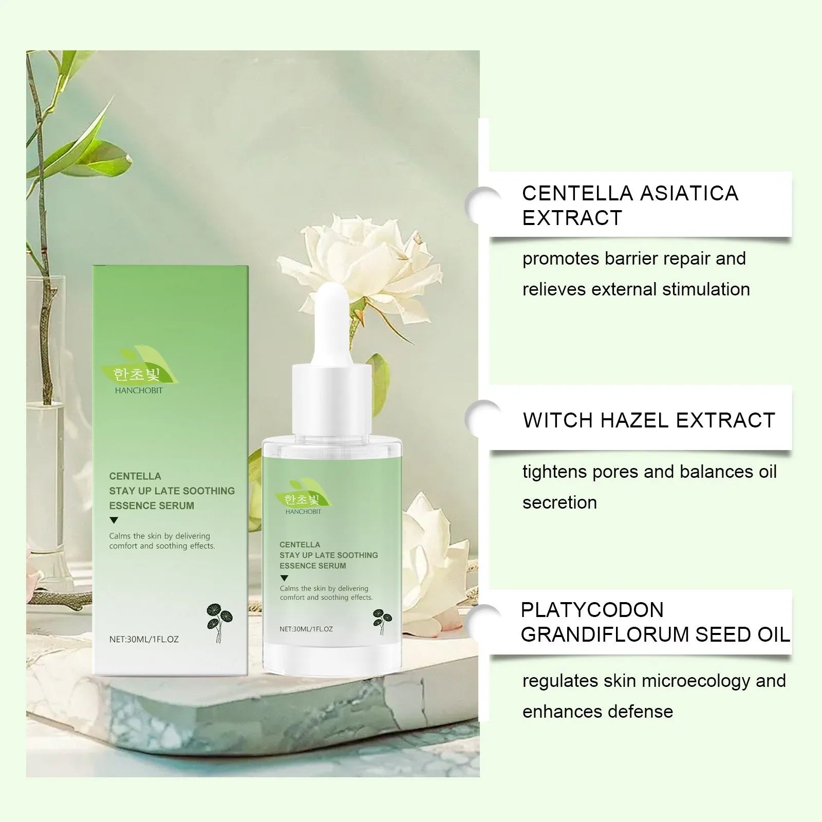 30 ml bottle of Centella Asiatica Soothing Liquid for skincare with botanical extracts.