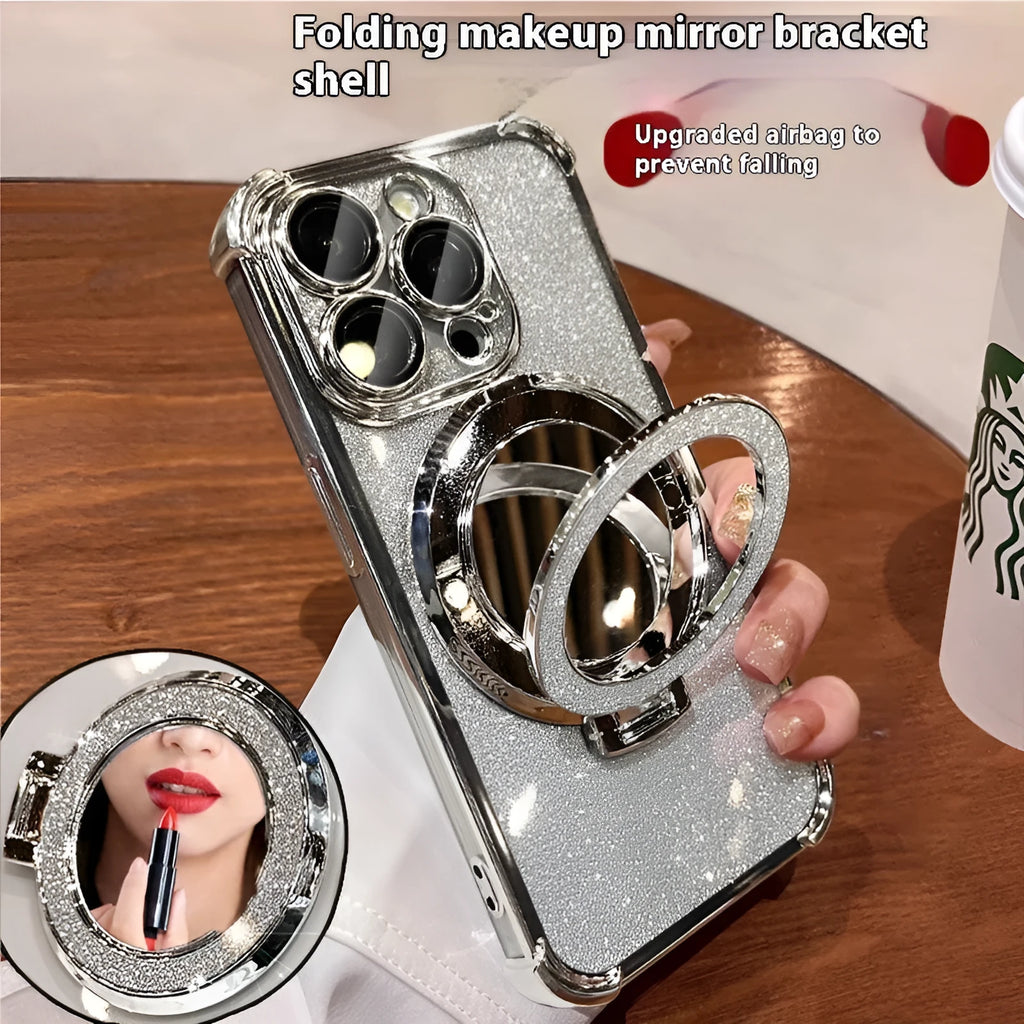 Glitter mirror folding bracket phone case for iPhone 16 with drop-resistant PC material in gradient colours