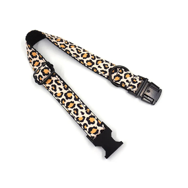 Brown leopard print dog collar and leash set with black buckle on chemical fibre material