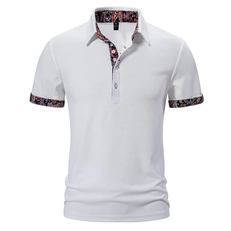 Men's polo shirt with colour contrast stitching and turnover collar in white, black, or navy blue
