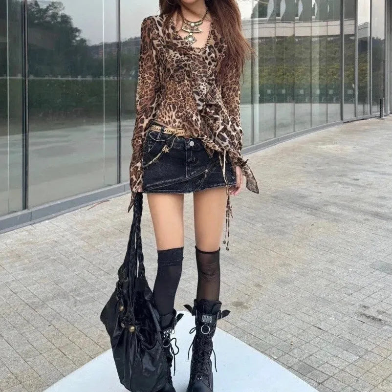 Women's retro leopard print V-neck long sleeve tie front slim fit polyester top in leopard print.
