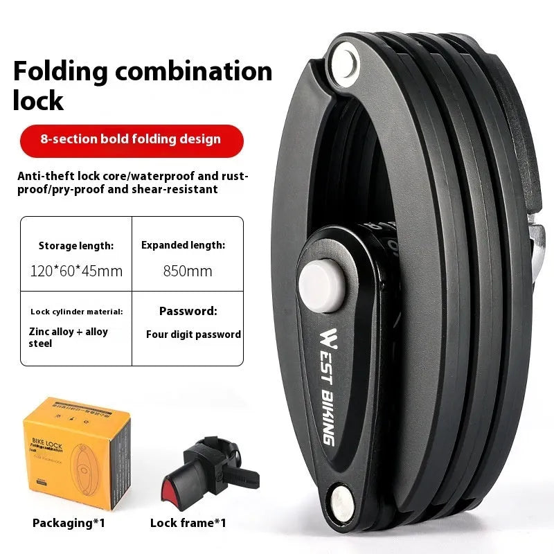 Black bicycle folding lock with password dial mounted on water bottle cage