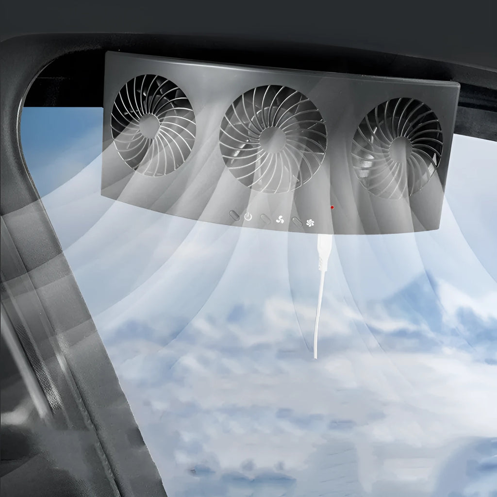 Black and white USB-powered car ventilation fan with 1.5m cable for interior air circulation.