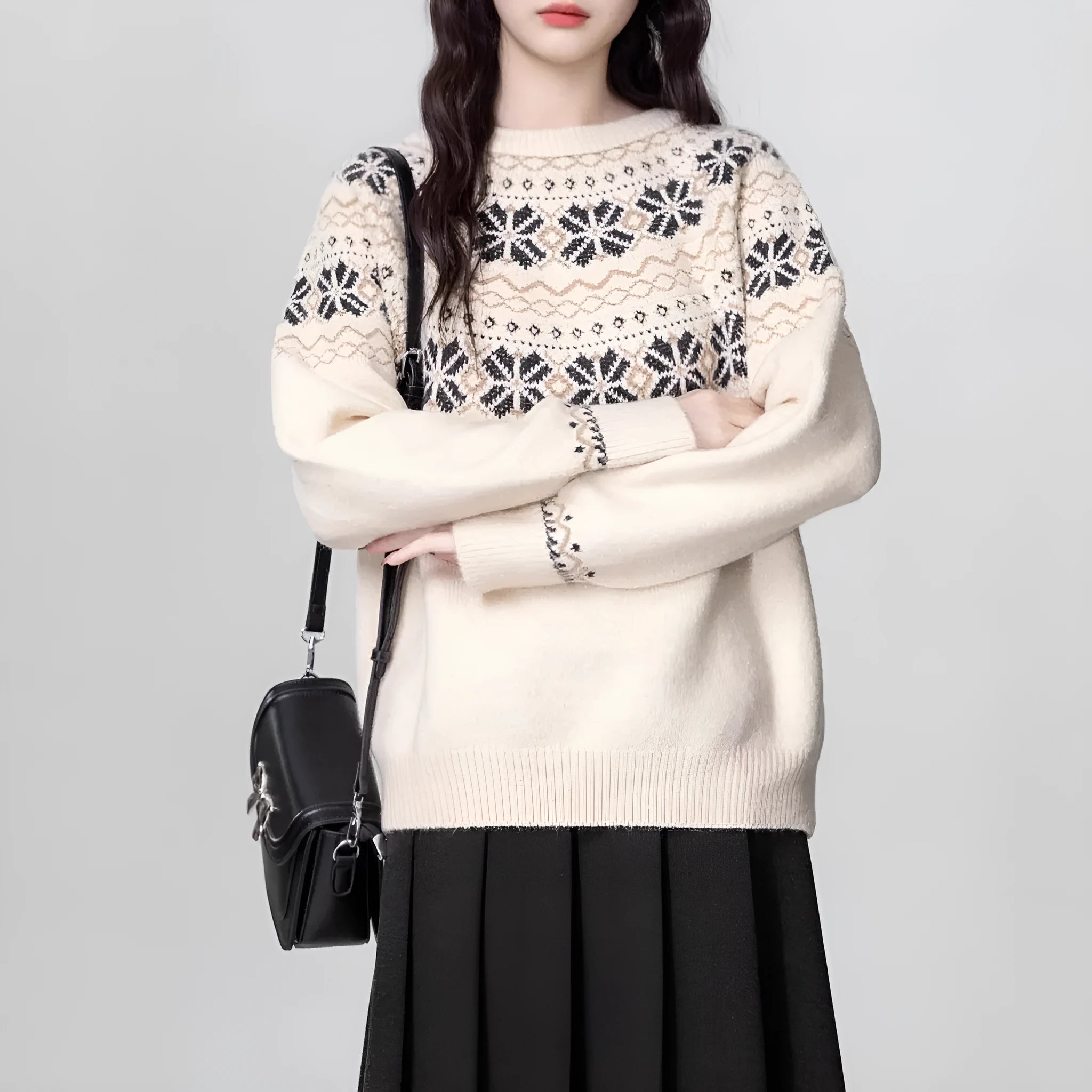 Women's milky white vintage Fair Isle geometric pattern pullover sweater with a loose fit.