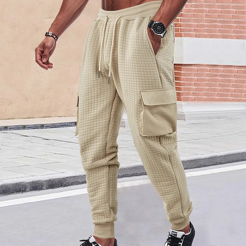 Men's thickened jacquard small check sweatpants with drawstring waist and belt, loose cargo style