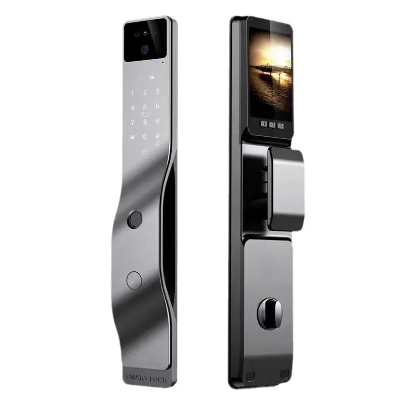 F7 model smart electronic door lock with face recognition camera, fingerprint sensor, and keypad on aluminium alloy panel