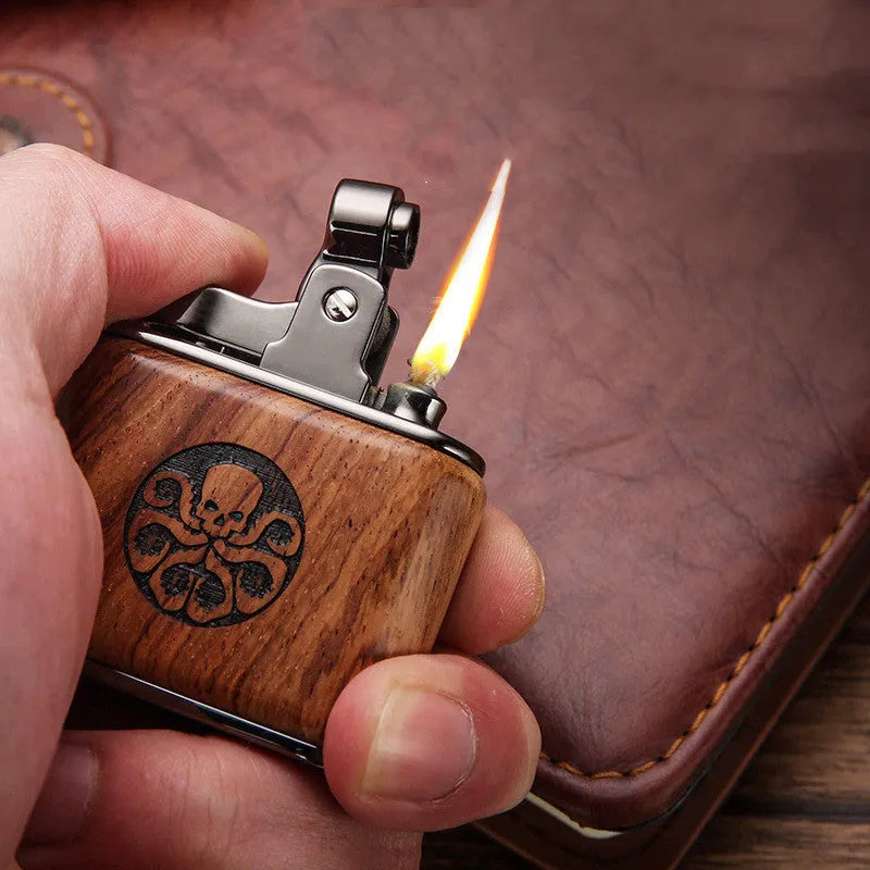Wooden retro kerosene lighter in Ebony finish with compact 53x50x20mm size and gift box