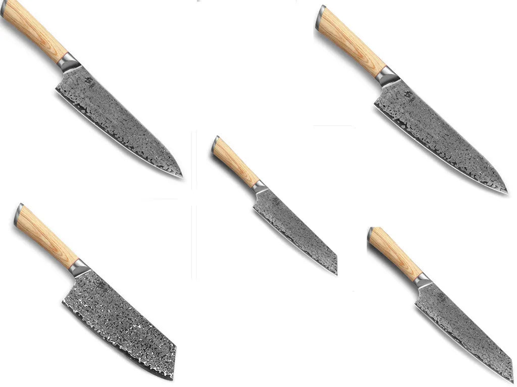 12-piece Damascus steel kitchen knife set with various blade types on a wooden block.