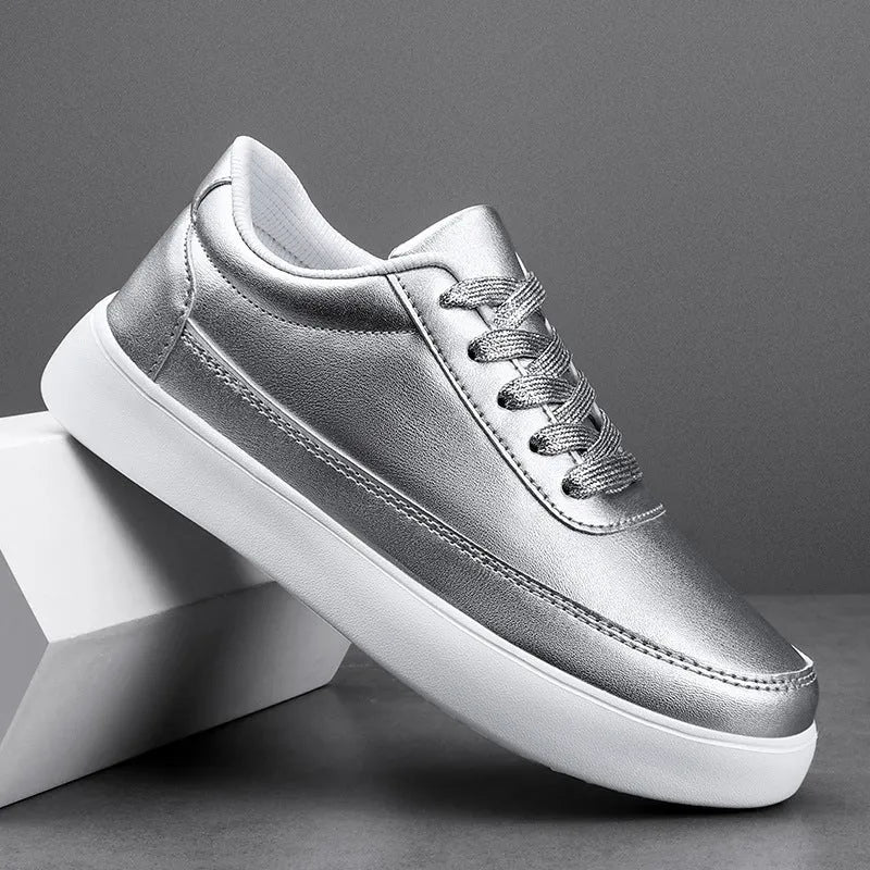 Women's leather lace-up flat casual shoes in white, silver or gold colour options