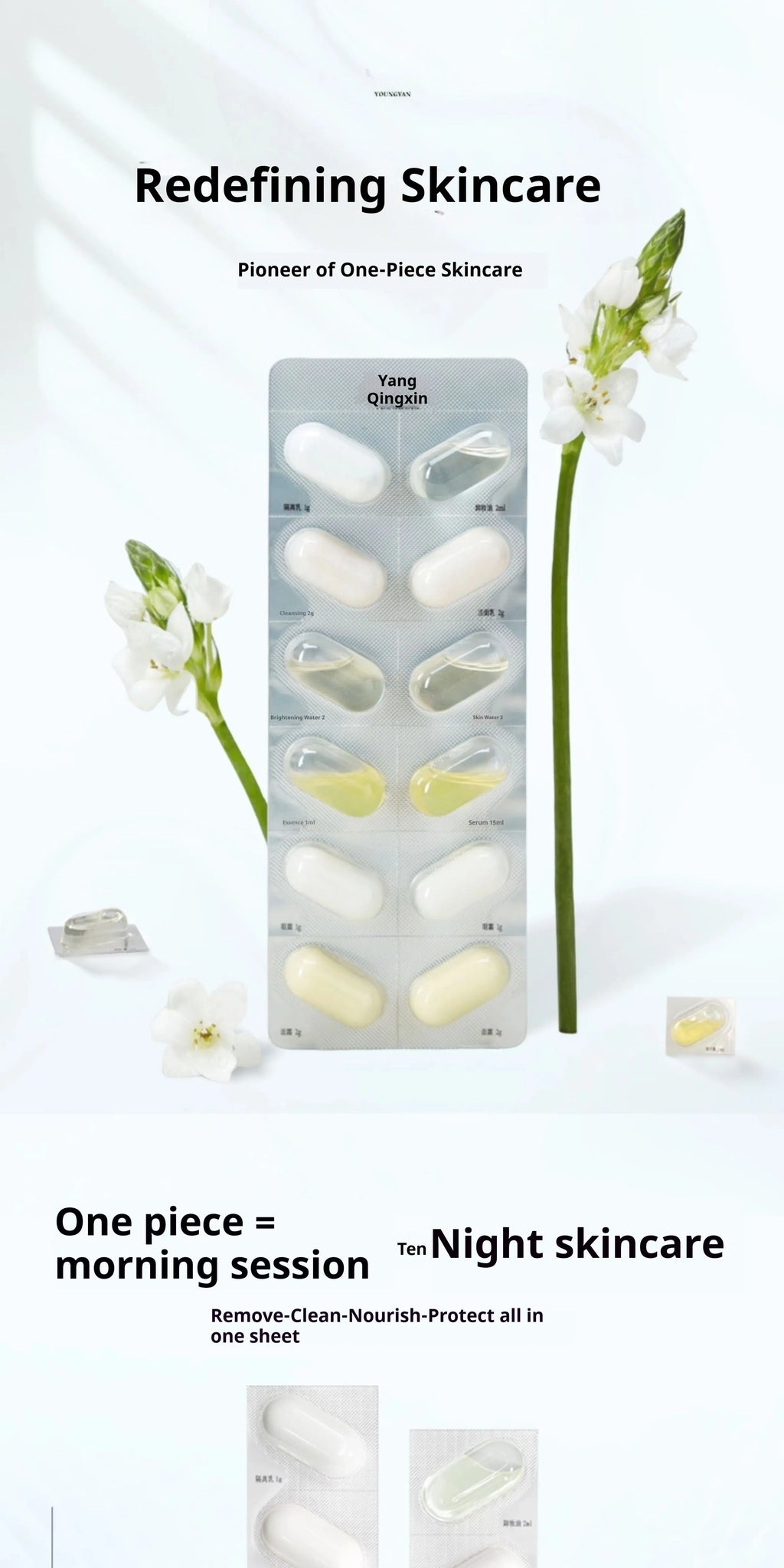 Disposable water emulsion sample travel set with 7 piece trial pack of genuine skincare products