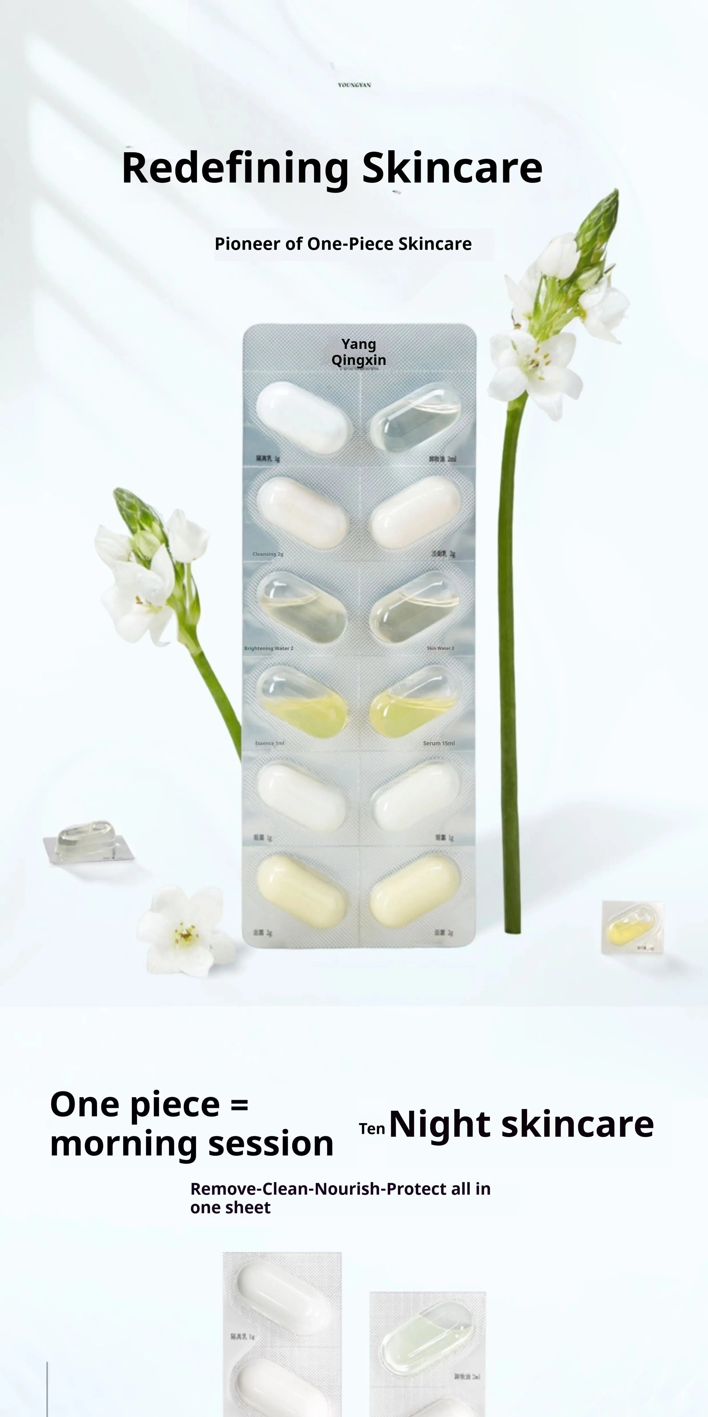 Disposable water emulsion sample travel set with 7 piece trial pack of genuine skincare products
