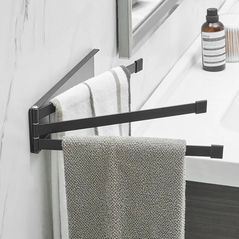 Black folding towel bar with no-drill installation for bathroom towel storage