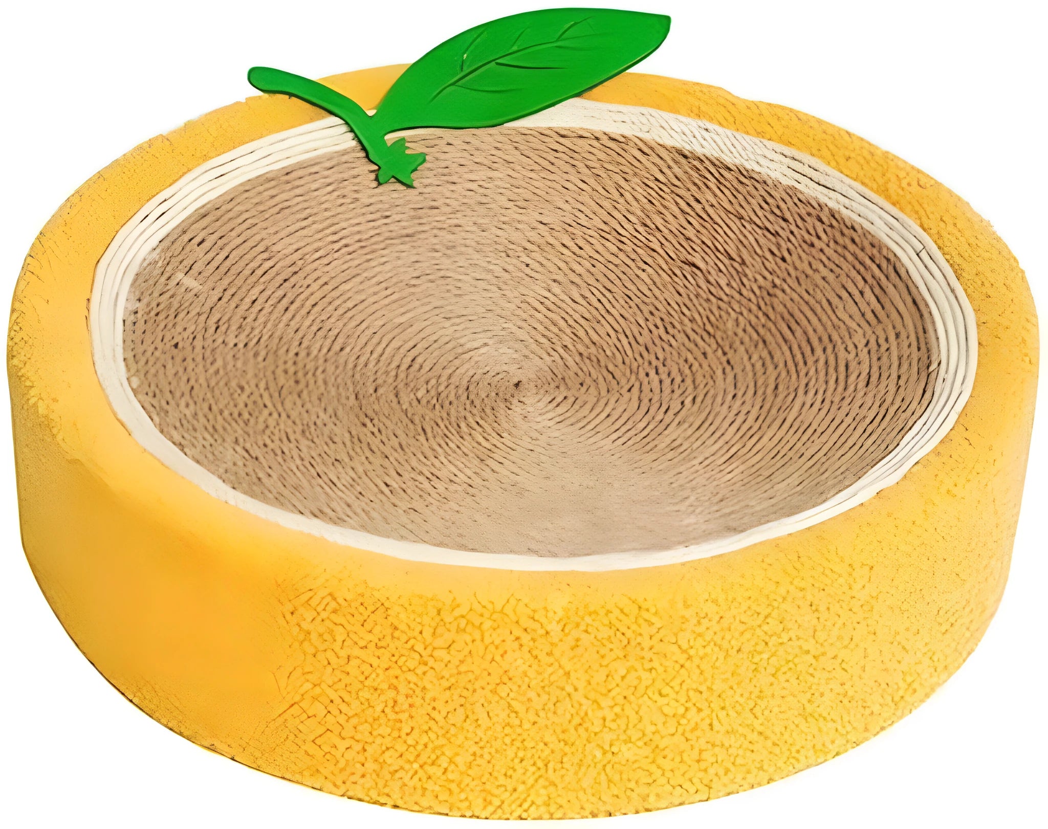 Orange circular cat scratching board with sisal surface and slightly concave centre for sleeping