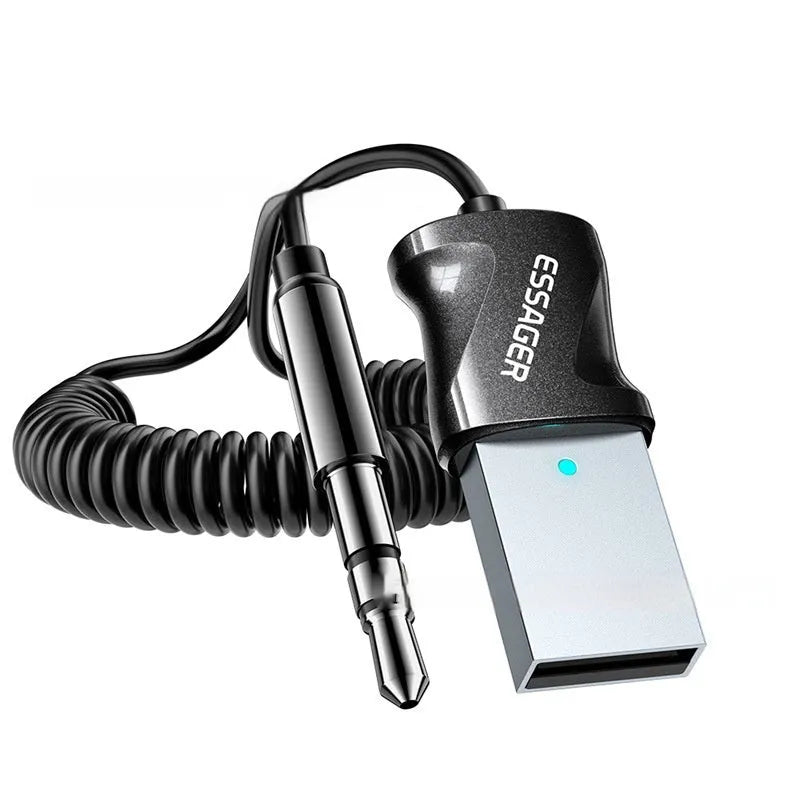 ESSAGER Shadow Arc Bluetooth 5.0 audio receiver in black with TPE spring wire and gold-plated 3.5mm plug