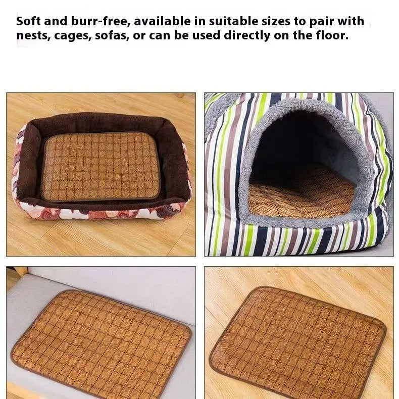Brown rattan fibre dog cooling mat showing woven texture and multiple size options