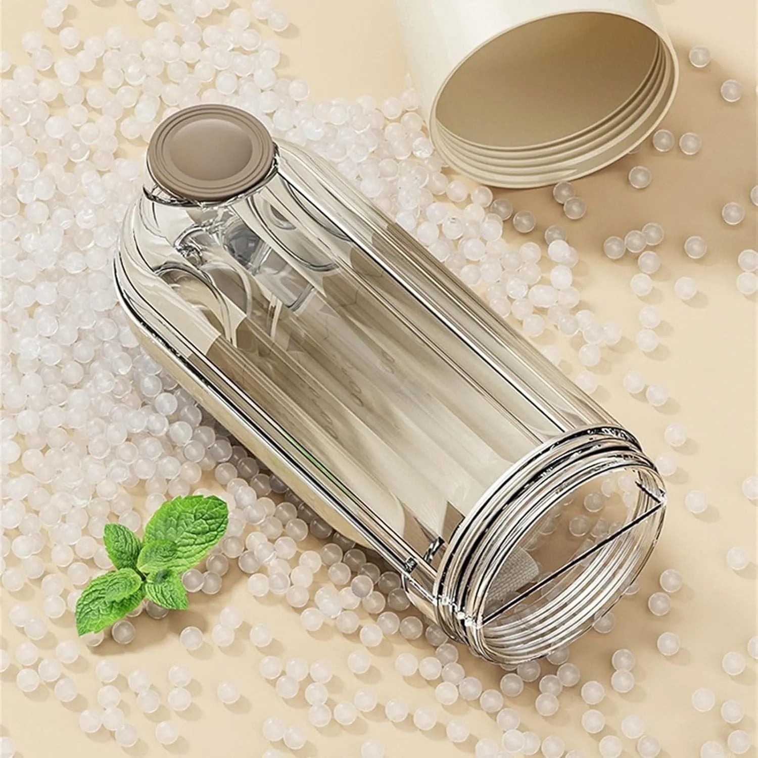 Foldable dog water bottle with food container in beige colour for walking and hiking with pets