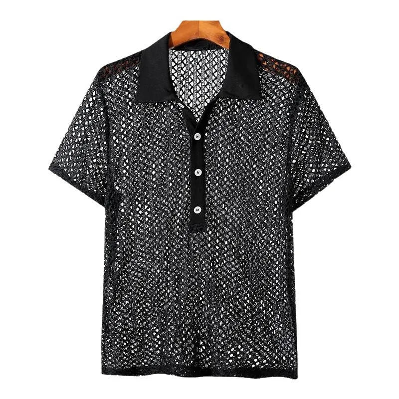 Men's solid colour black polyester jacquard lapel sweater on a model, showing the collar and knit texture