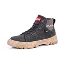 Men's high top Martin boots with frosted leather finish, square heel, and front lace closure
