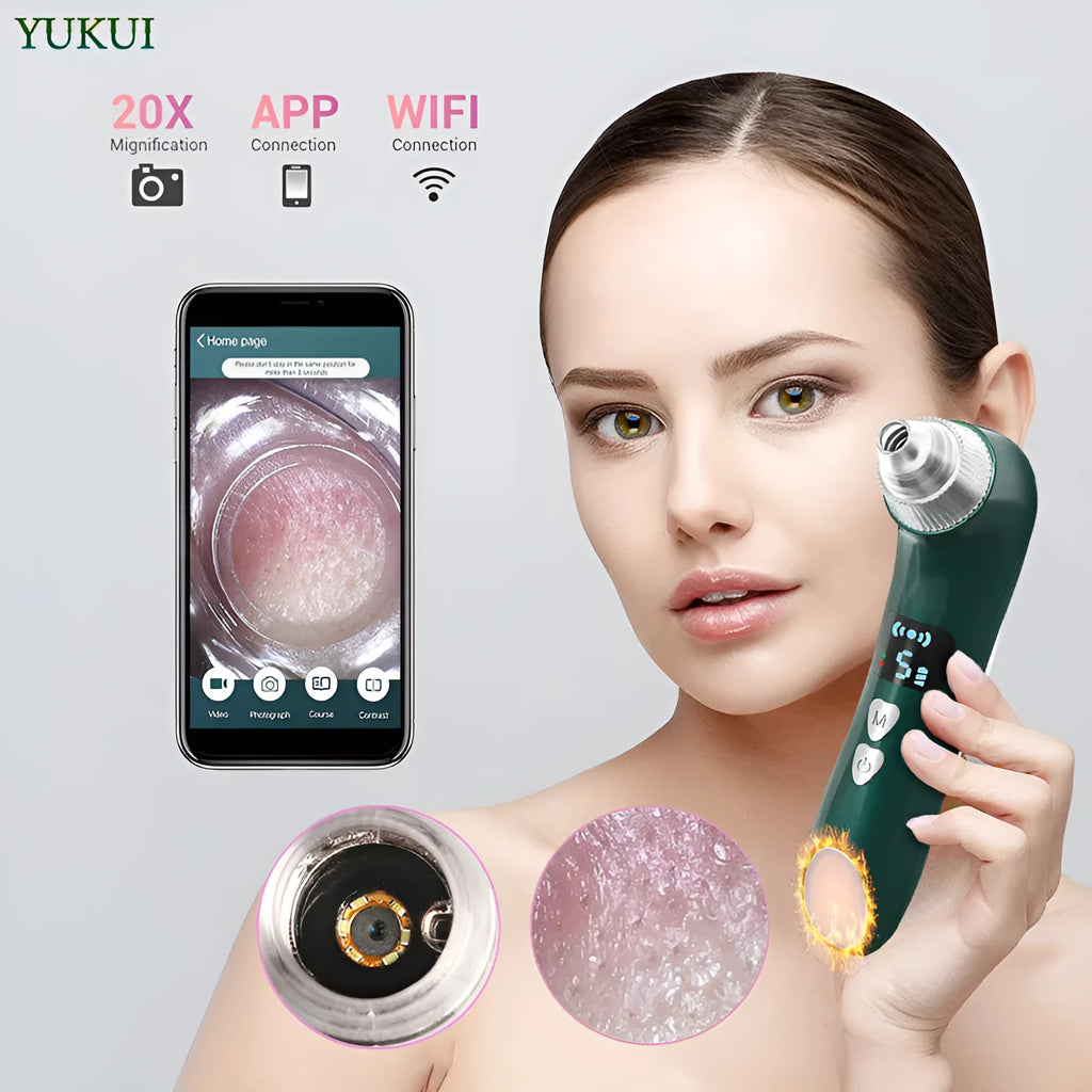 Green and white handheld heating blackhead instrument with USB charging port and suction nozzle