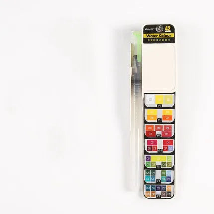 Solid watercolour paint set in a fan-shaped foldable palette inside a transparent plastic box with fountain pen and sponge.