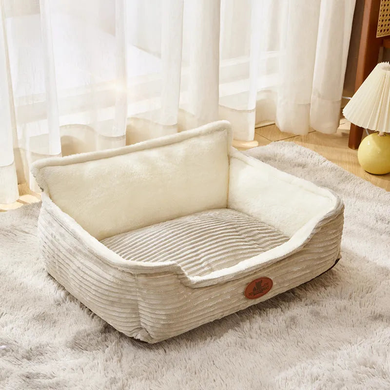Removable cover pet bed in sofa style for small and medium dogs, shown in coffee colour