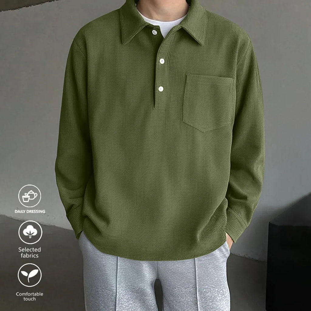American retro casual bottoming shirt in black, loose fit polyester pullover, front view