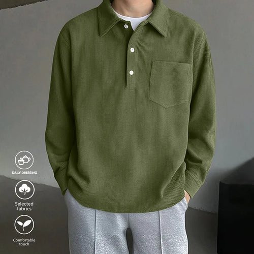 American retro casual bottoming shirt in black, loose fit polyester pullover, front view