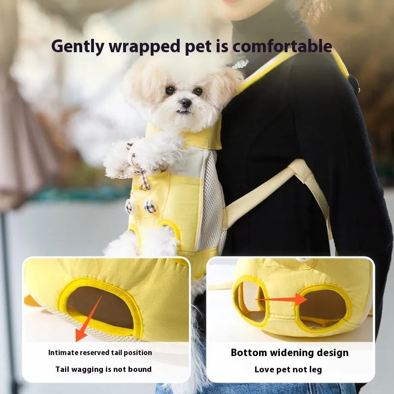 Cartoon canvas chest pet carrier bag in Beka yellow bear with ribbon trim, front view
