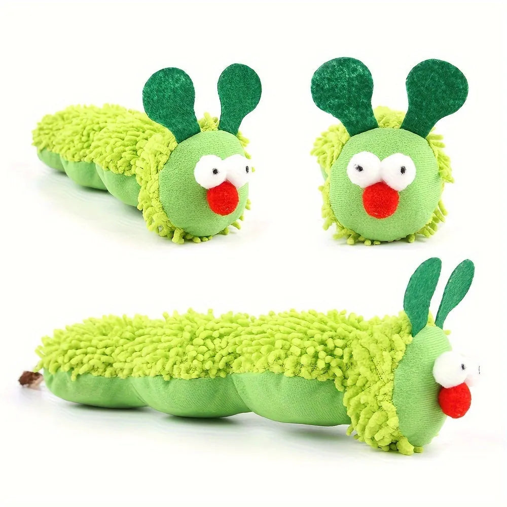 Green interactive plush cat toy pillow with sports design, showing scale.