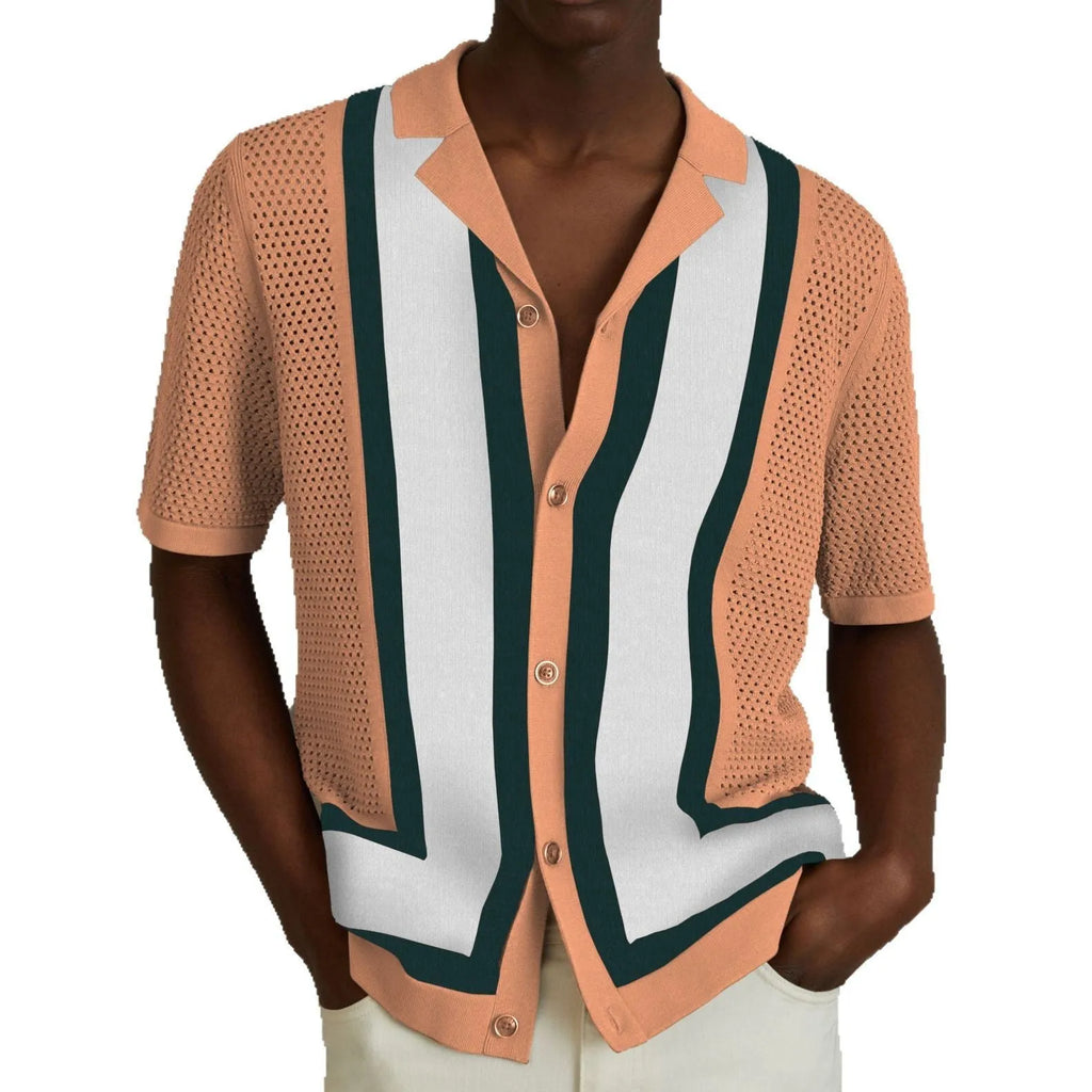 Men's striped contrast colour knitwear top in dark blue with short sleeves and flocking texture, regular fit leisure wear