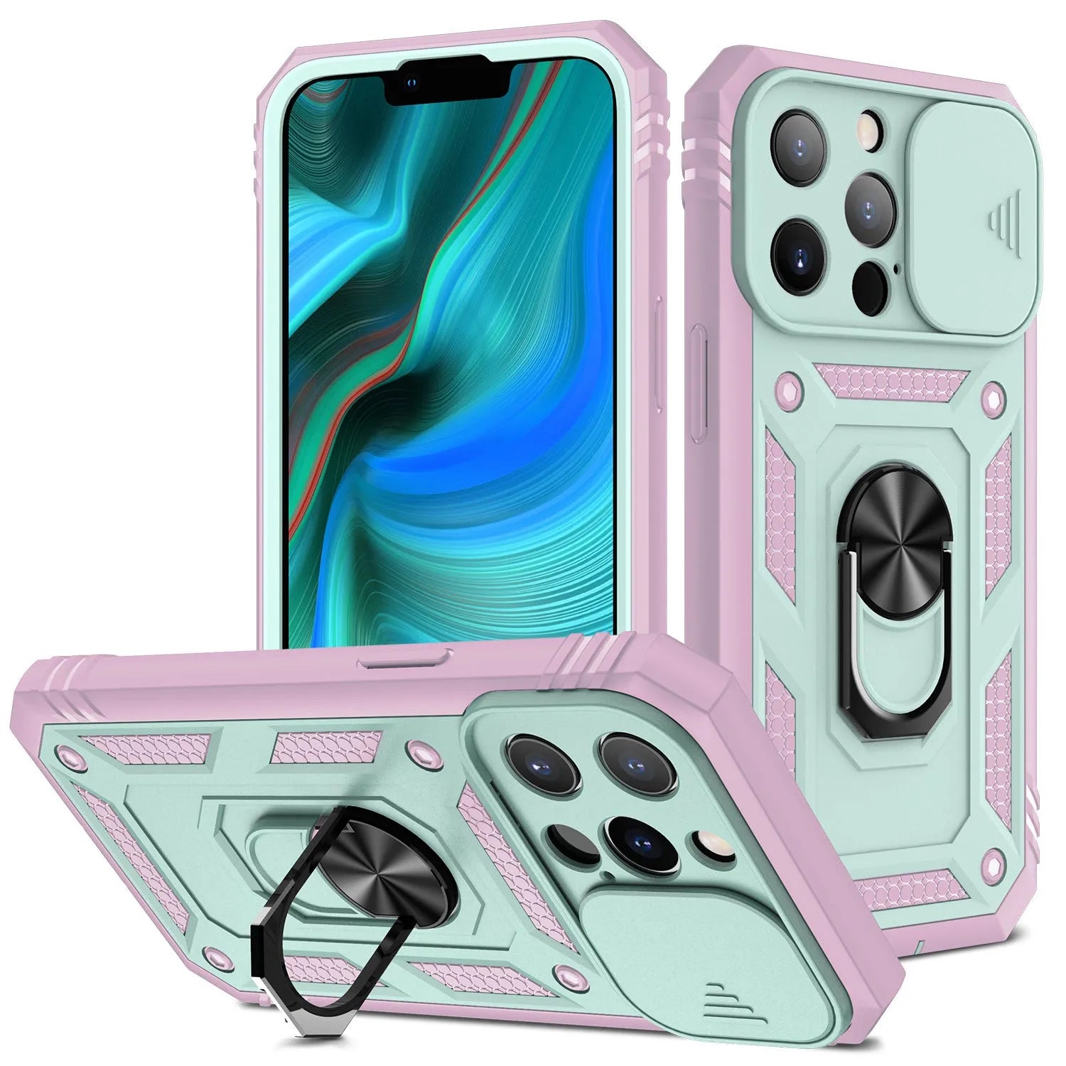 Magnetic sliding window back cover case for Apple iPhone on a grey green and pink background