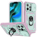 Magnetic sliding window phone case for Apple iPhone in sapphire blue and grey green colours