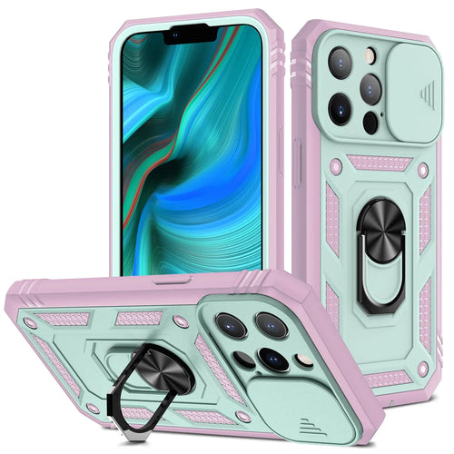 Magnetic sliding window phone case for Apple iPhone in sapphire blue and grey green colours