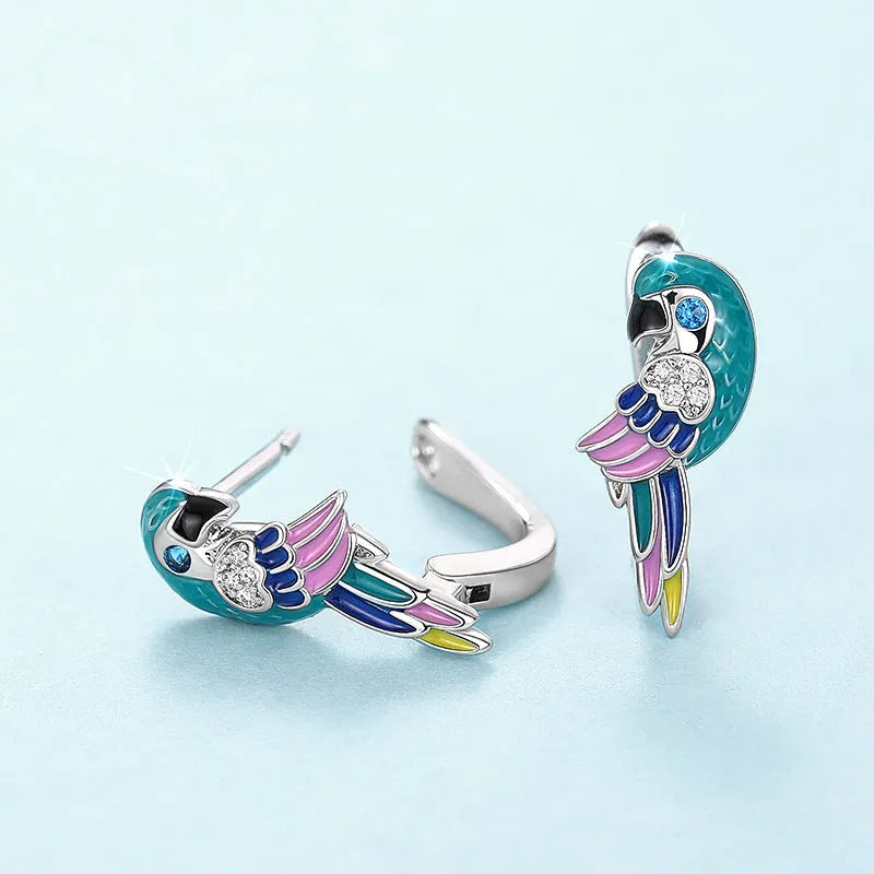 Oil dripping parrot earclip with white gold zircon stones on copper base