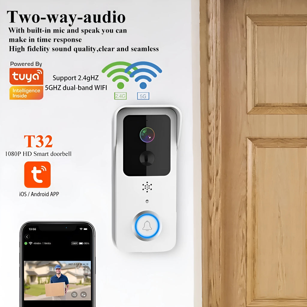 Black and white smart waterproof visual doorbell with remote intercom on a wall