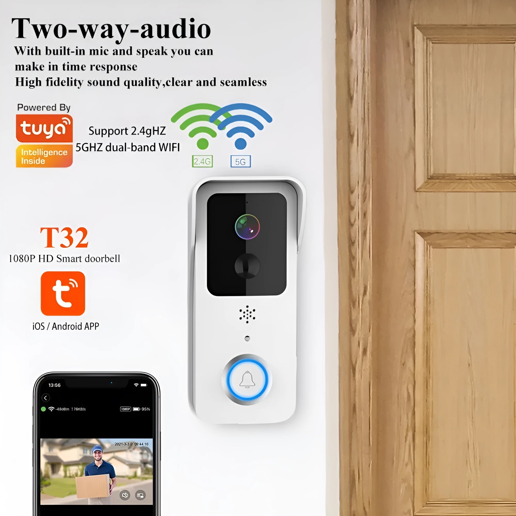 Black and white smart waterproof visual doorbell with remote intercom on a wall