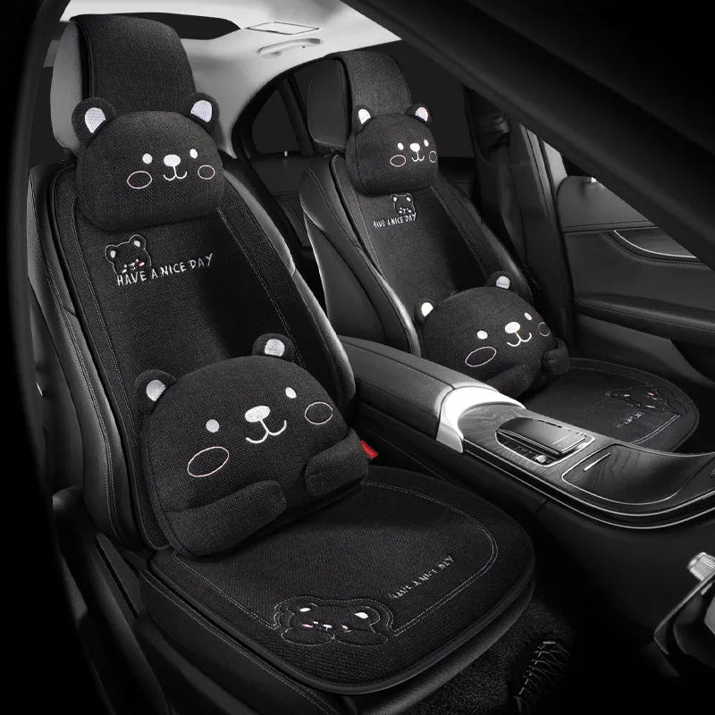 Car seat cushion set with lumbar support pillow and headrest cushion in cure bear linen fabric