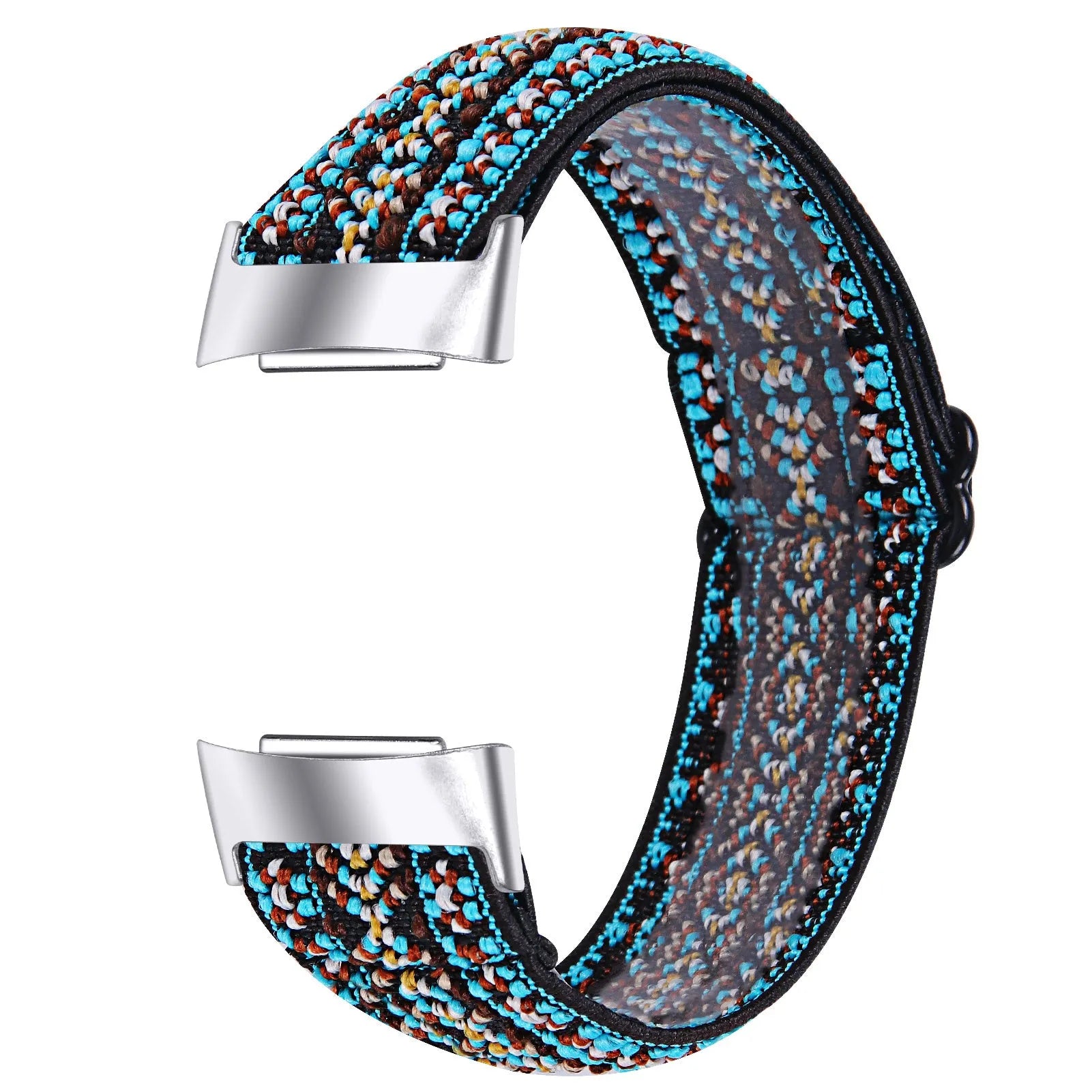 Printed elastic replacement watch strap compatible with Fitbit Charge 6, shown in an adjustable length.