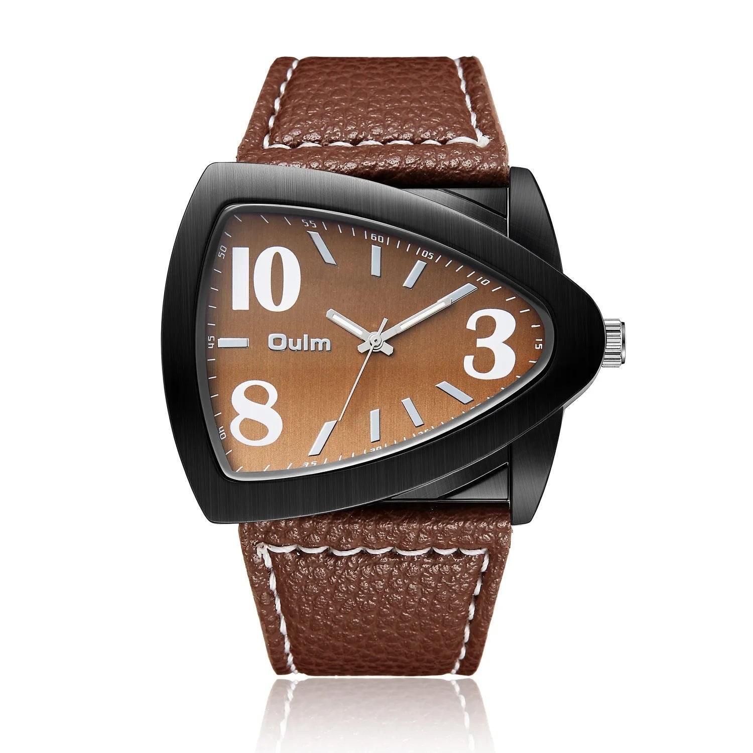 Men's triangular case quartz watch in black, shown on wrist, highlighting its geometric design and slim profile.