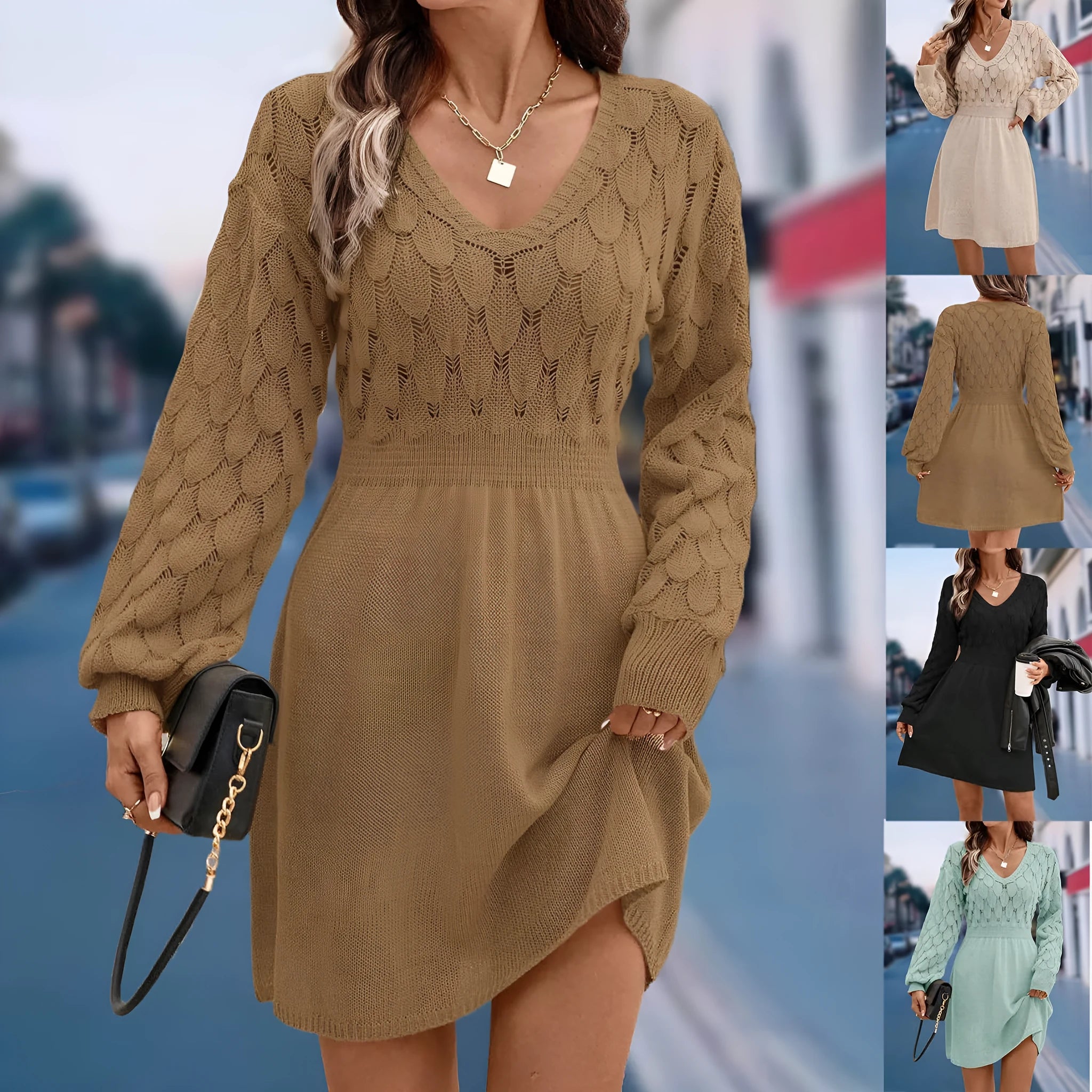 Women's apricot V-neck long sleeve dress with a 3D pattern and high waist on a mannequin.