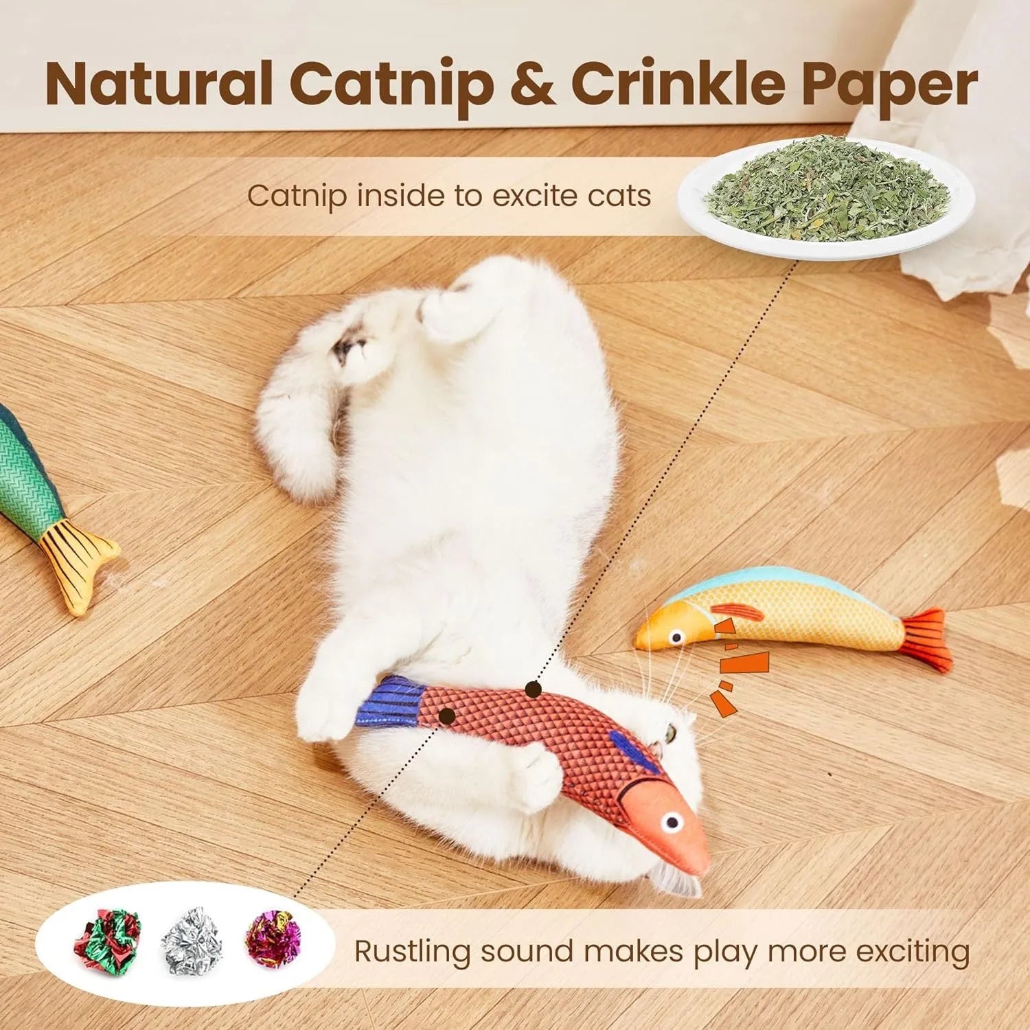 Green orange and yellow soft plush catnip fish toy with crinkle sound for cats