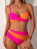 Women's orange red split bikini with steel bracket bra and spandex-polyester lining sizes S to XL