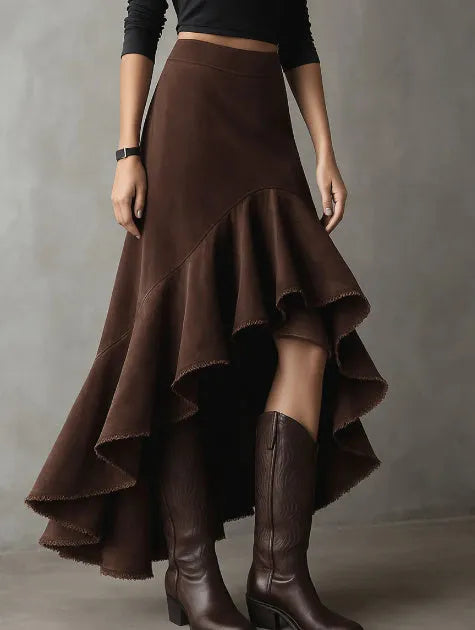 Brown women's maxi skirt with high-low ruffle hem in eco suede polyester fabric