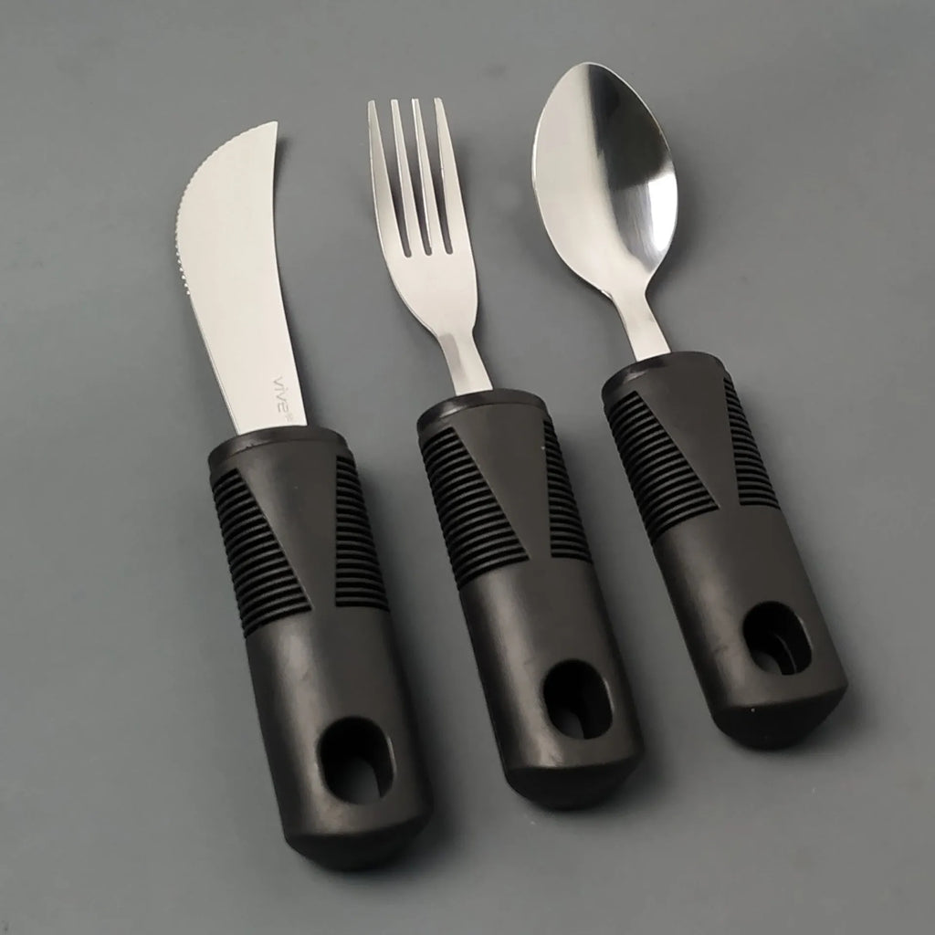Stainless steel adaptive cutlery set with rubber handles for elderly or disabled users