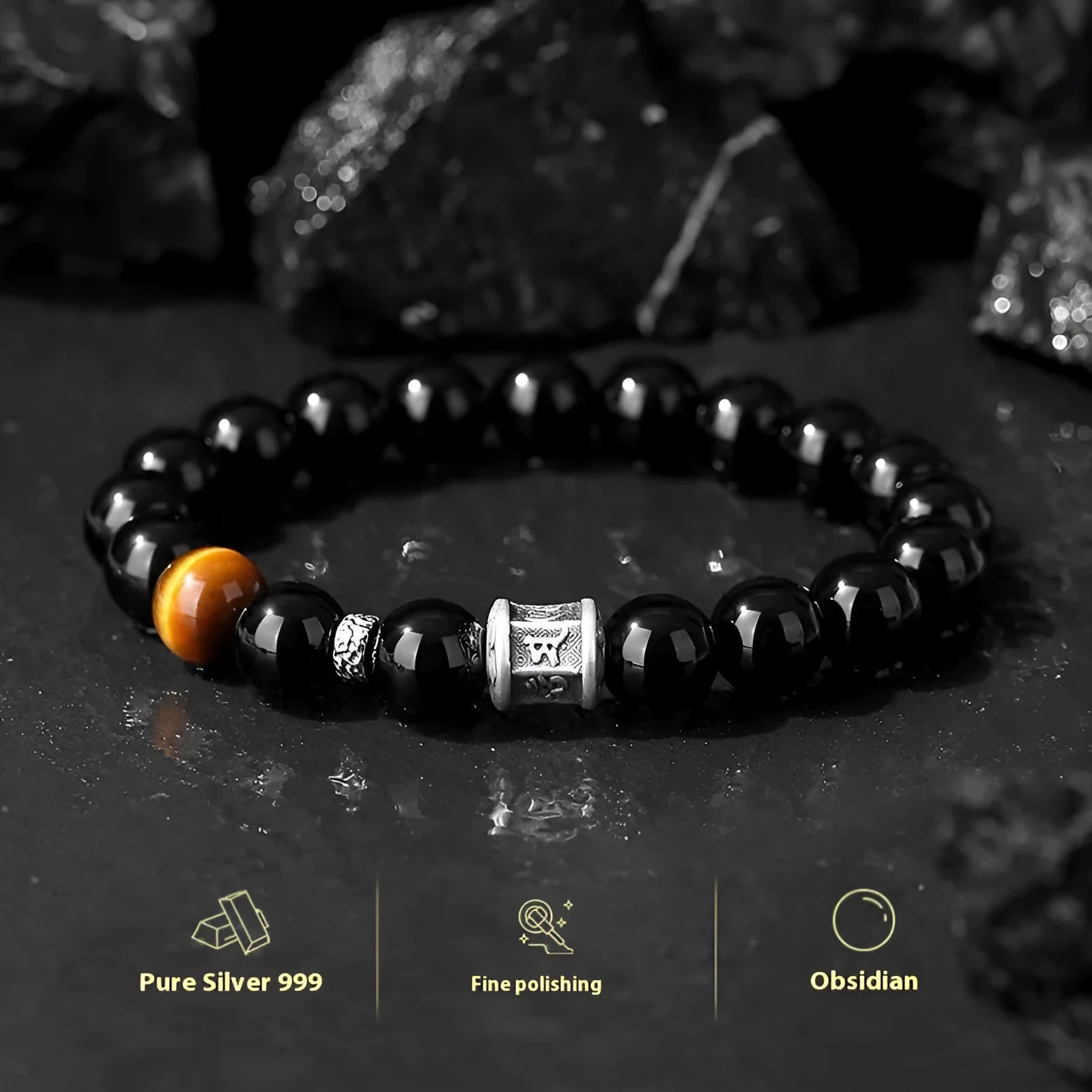 Black obsidian and pure silver prayer wheel bracelet for men with hand-woven construction