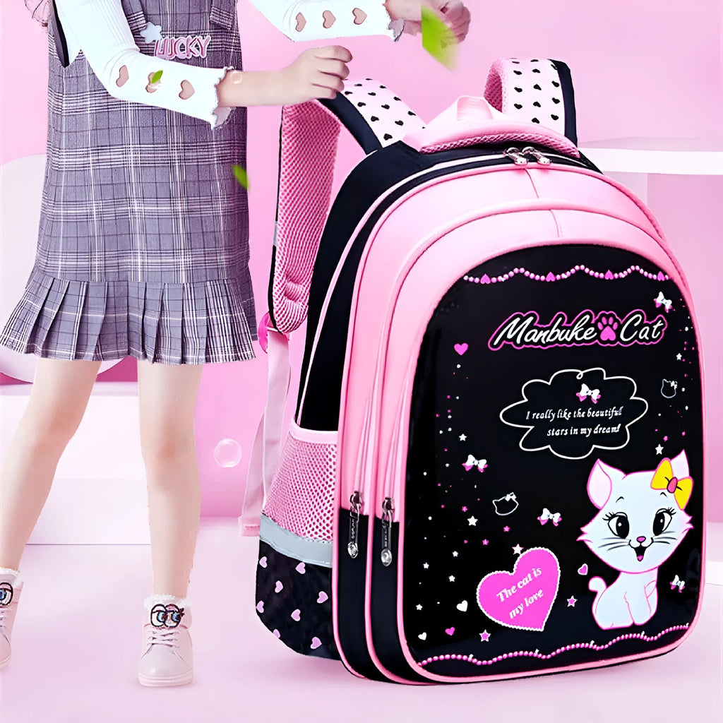 Kids school cute cat print nylon backpack with load-reducing design and computer pocket in pink and black colourway.