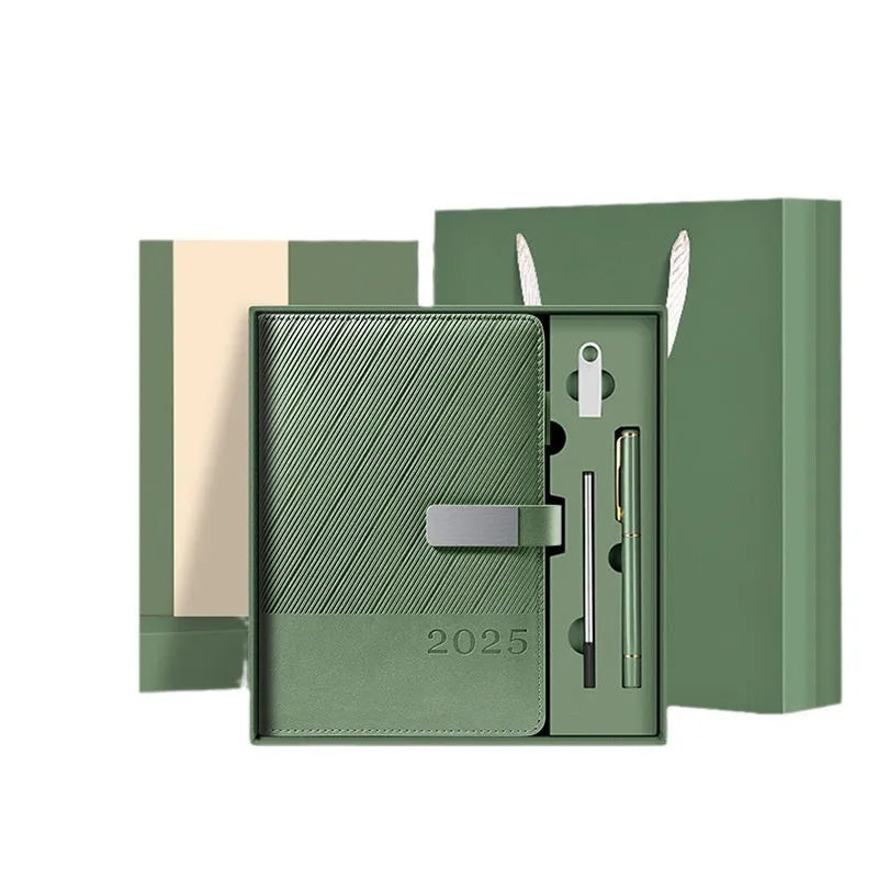 A4 striped PU leather business notepad open on a desk showing 80g paper, available in eight colours.