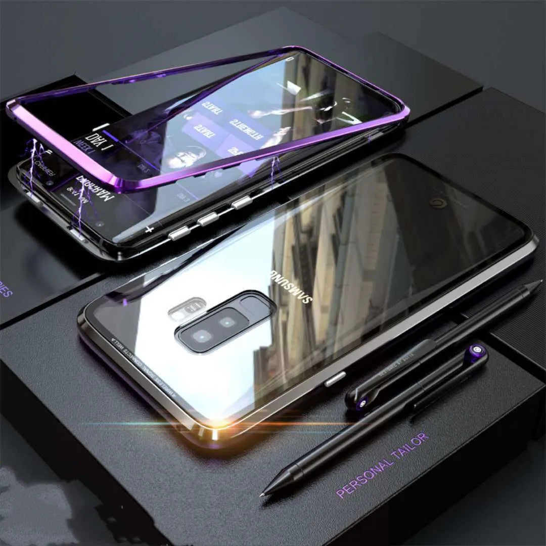 Black magnetic clamshell phone case with anti-peeping glass for Samsung Galaxy phones
