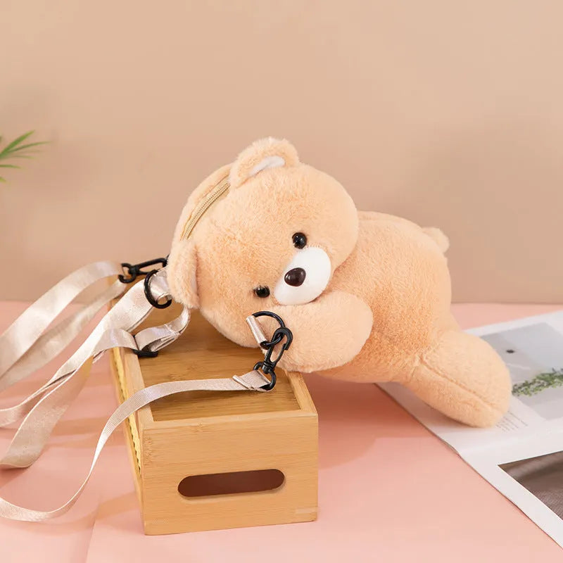 Cartoon bear lying-down plush doll crossbody bag in solid colour with airpillow straps